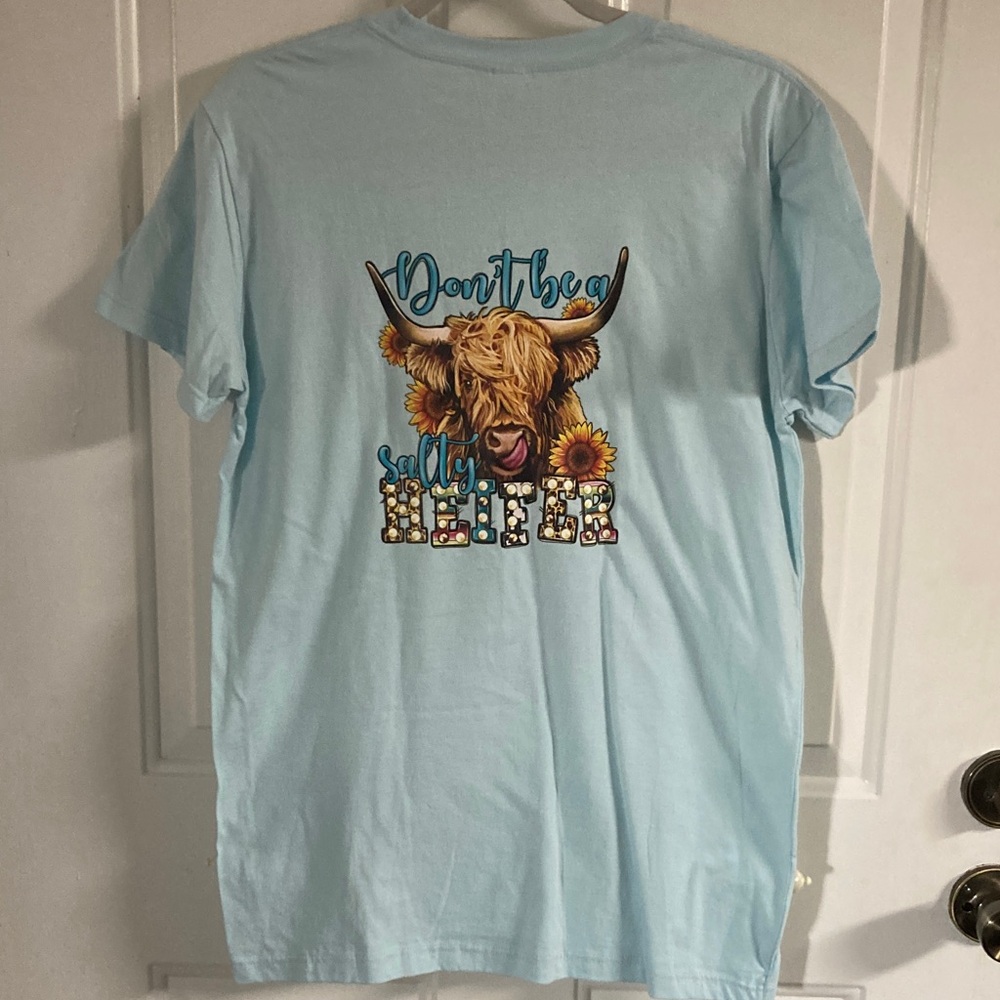 American Apparel Light Blue Tee with Multicolor Cow Graphic